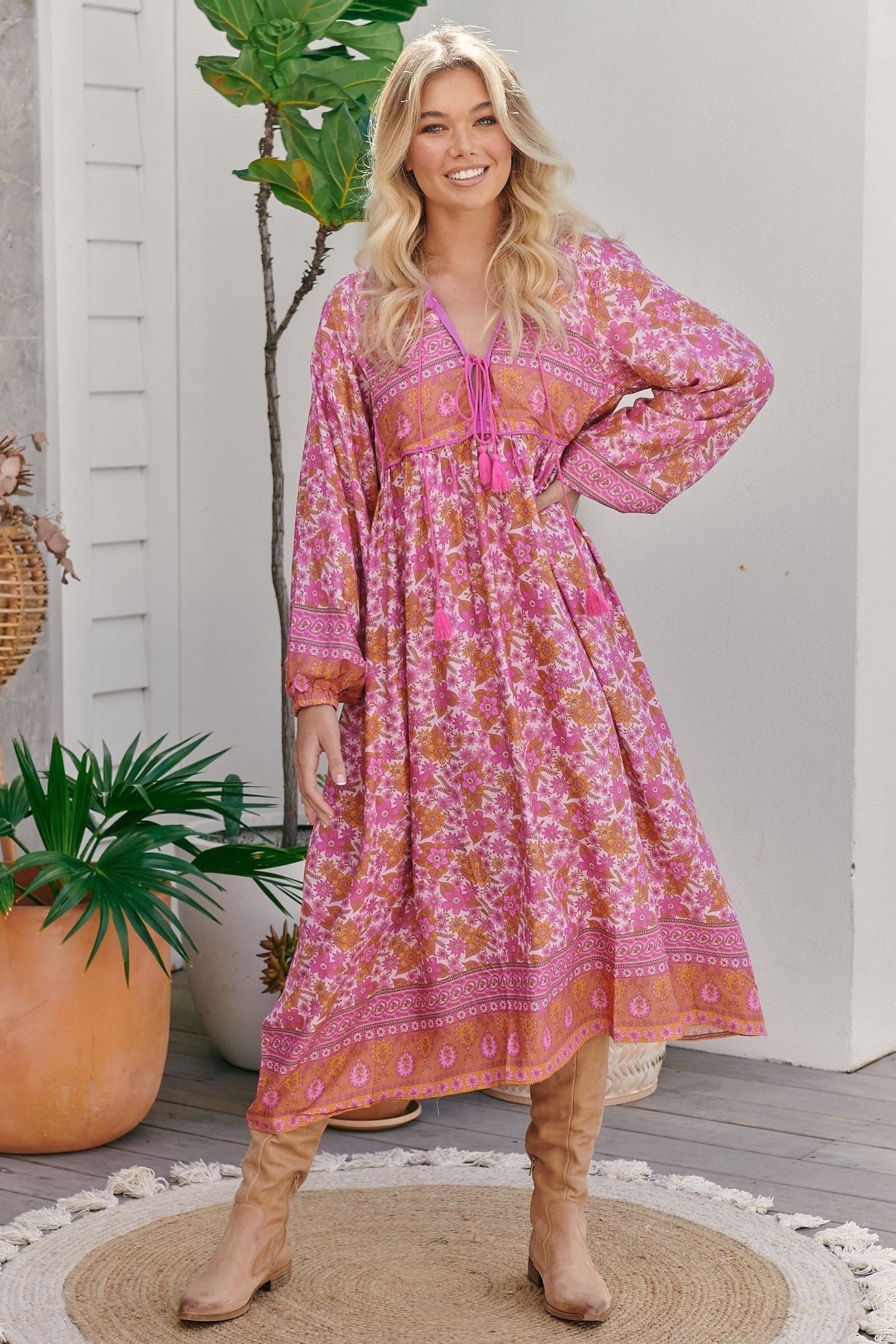 Pink Dahlia Print Penelope Midi Dress By JAASE – Blue Iguana